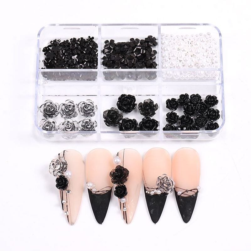 Black Rose Flowers Nail Art Decoration (6-Grid Tray) - Image 3