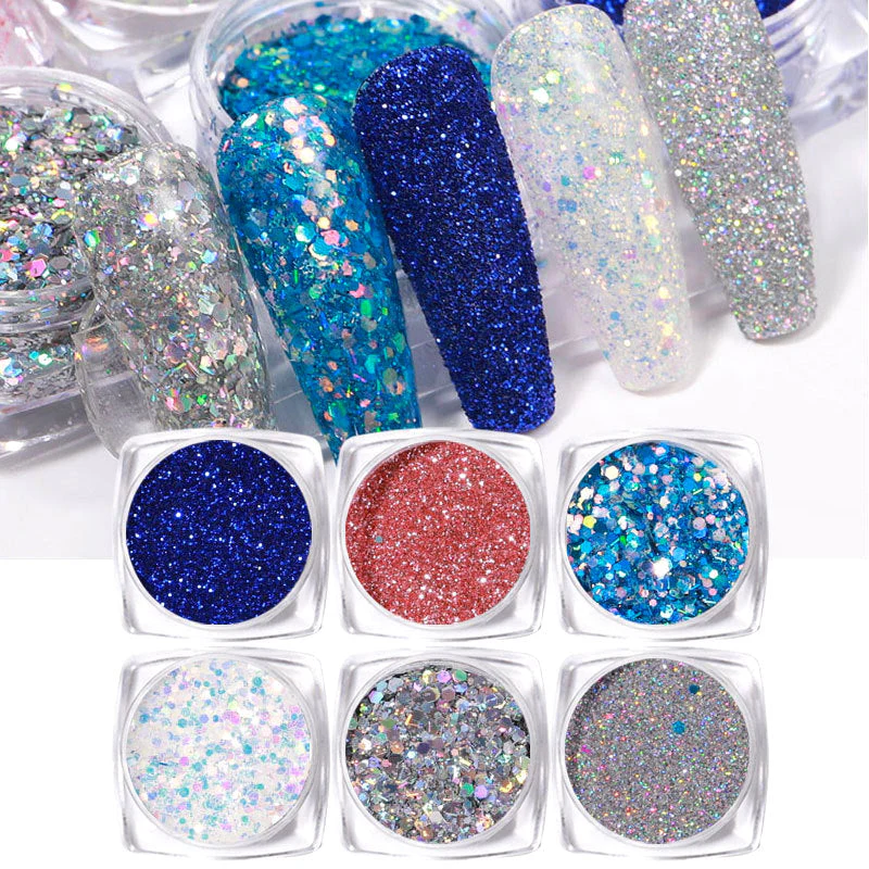 Glitter Laser Flakes Nail Art - Set 6pcs Jar - Image 4