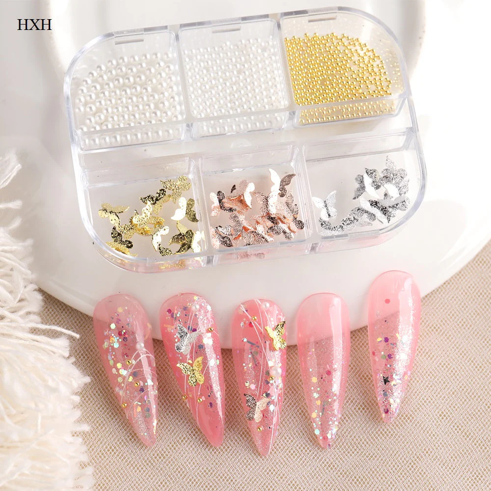Metal 3D Butterfly And Pearl Nail Decoration (6-Grid Tray) - Image 2
