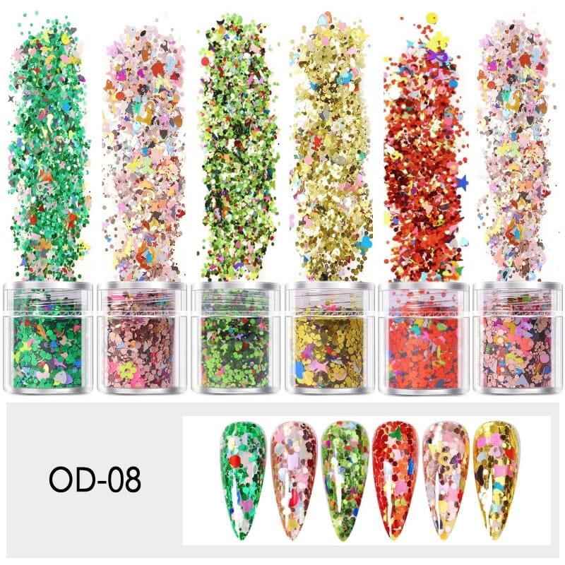 Mixed Colours and Shapes Nail Art Glitters - Set 6pcs Jar - Image 11