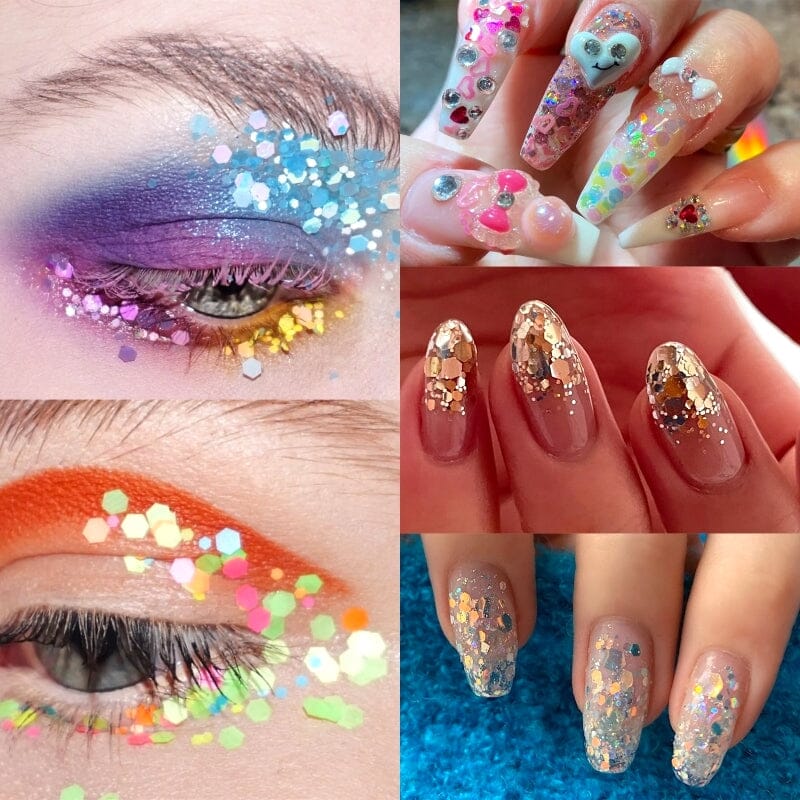 Mixed Colours and Shapes Nail Art Glitters - Set 6pcs Jar - Image 2