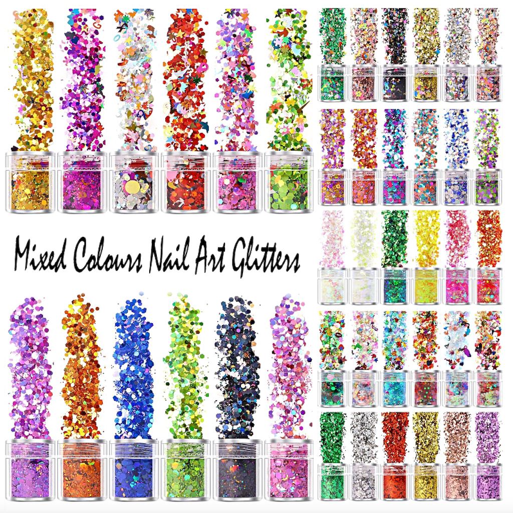 Mixed Colours and Shapes Nail Art Glitters - Set 6pcs Jar - Image 3