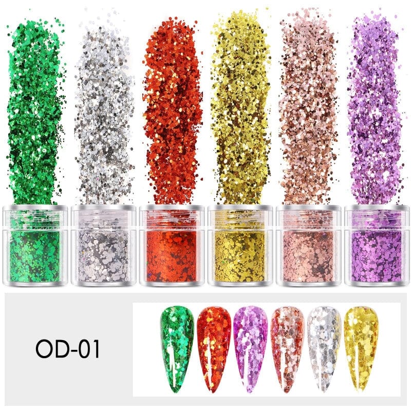 Mixed Colours and Shapes Nail Art Glitters - Set 6pcs Jar - Image 4
