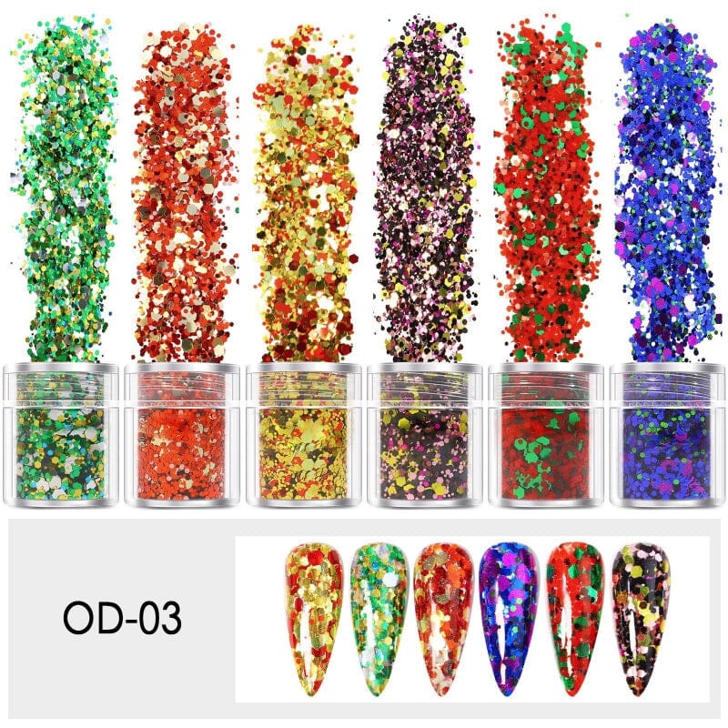 Mixed Colours and Shapes Nail Art Glitters - Set 6pcs Jar - Image 6