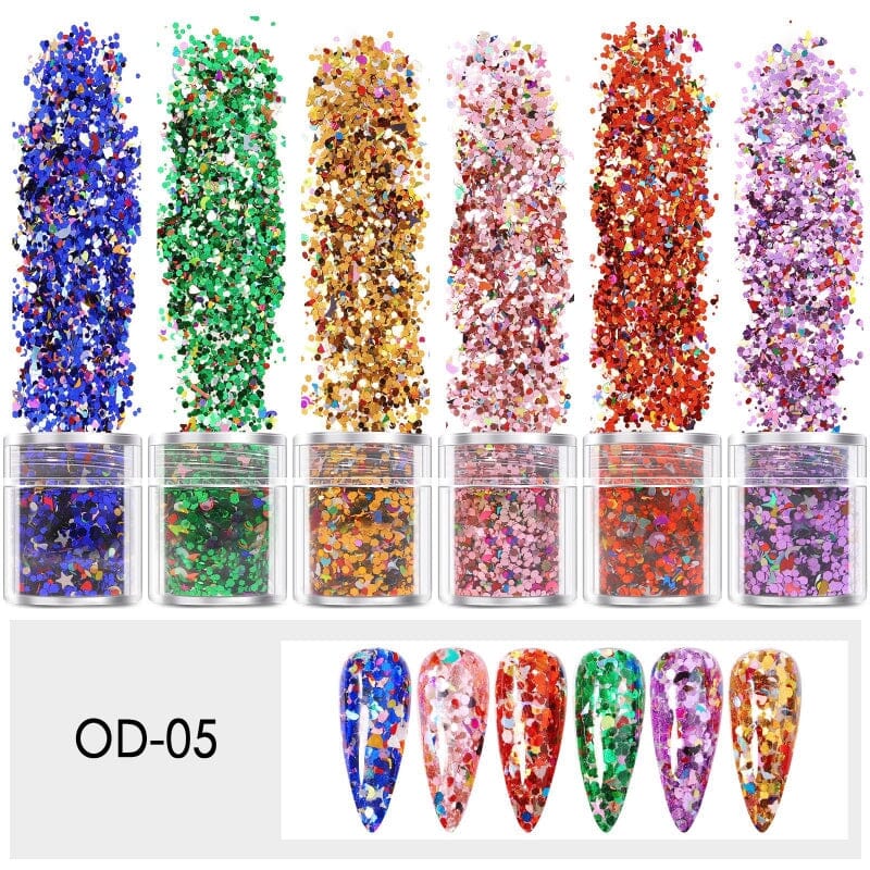 Mixed Colours and Shapes Nail Art Glitters - Set 6pcs Jar - Image 8