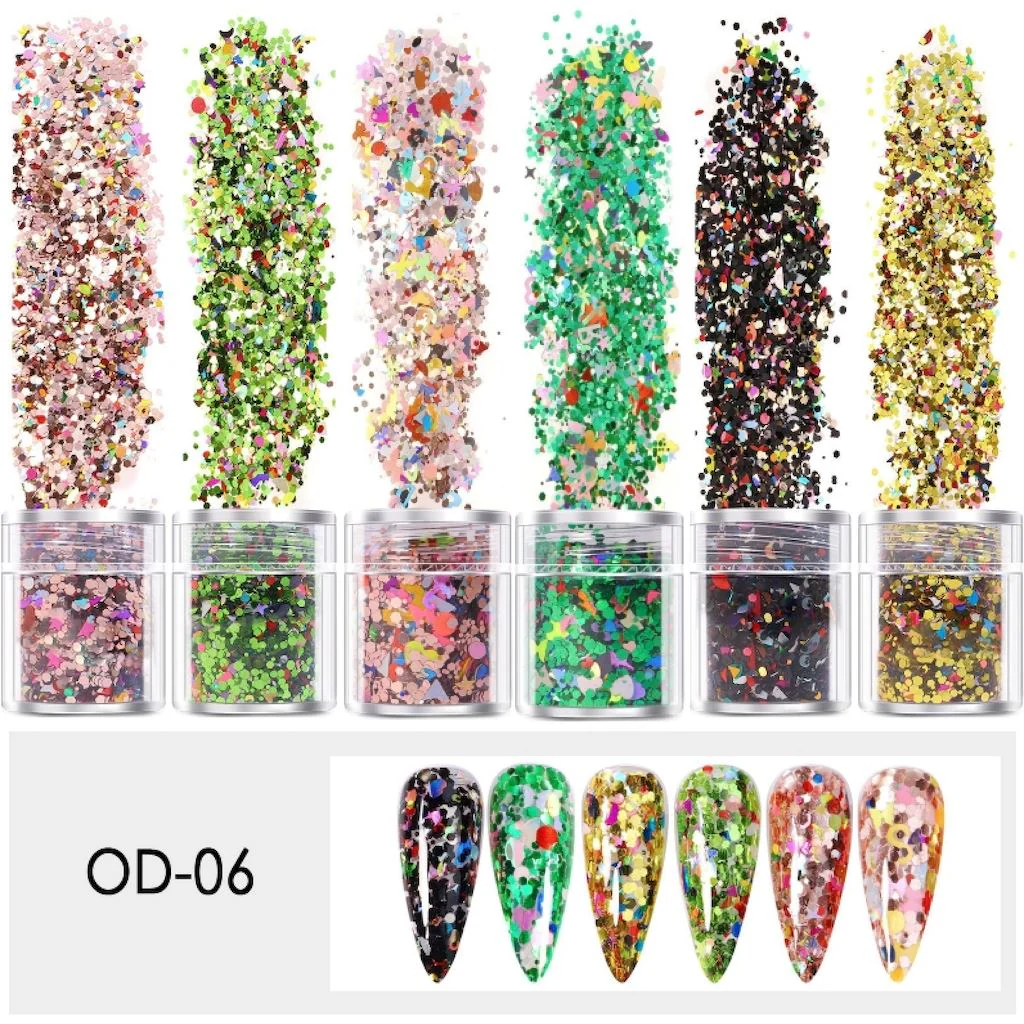 Mixed Colours and Shapes Nail Art Glitters - Set 6pcs Jar - Image 9
