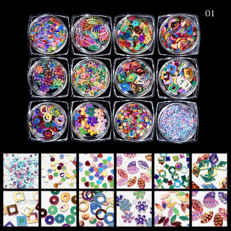 Multicolour Glitter Sequins Nail Art (12 Jars Tray) - Image 3