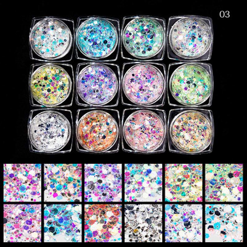 Multicolour Glitter Sequins Nail Art (12 Jars Tray) - Image 5