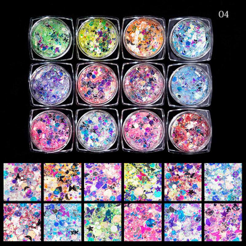 Multicolour Glitter Sequins Nail Art (12 Jars Tray) - Image 6