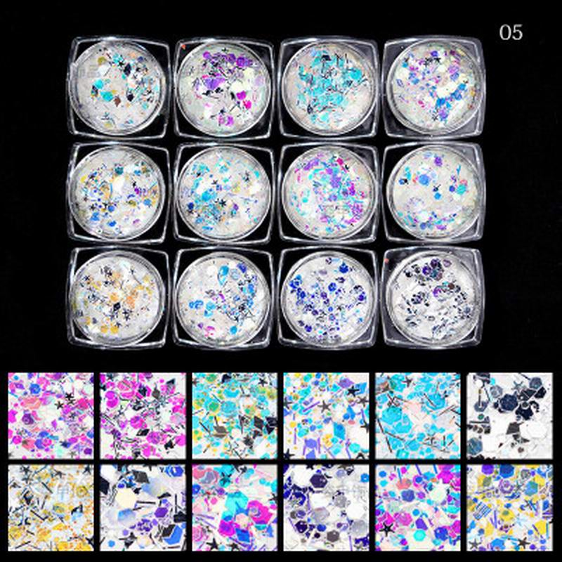 Multicolour Glitter Sequins Nail Art (12 Jars Tray) - Image 7