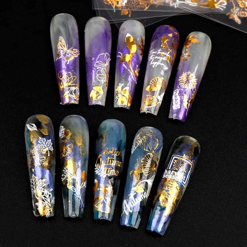 Nail Art Stickers - Autumn Leaves White & Gold - Image 3