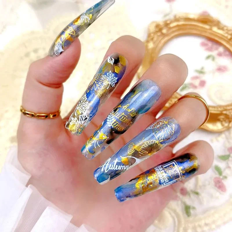 Nail Art Stickers - Autumn Leaves White & Gold - Image 4