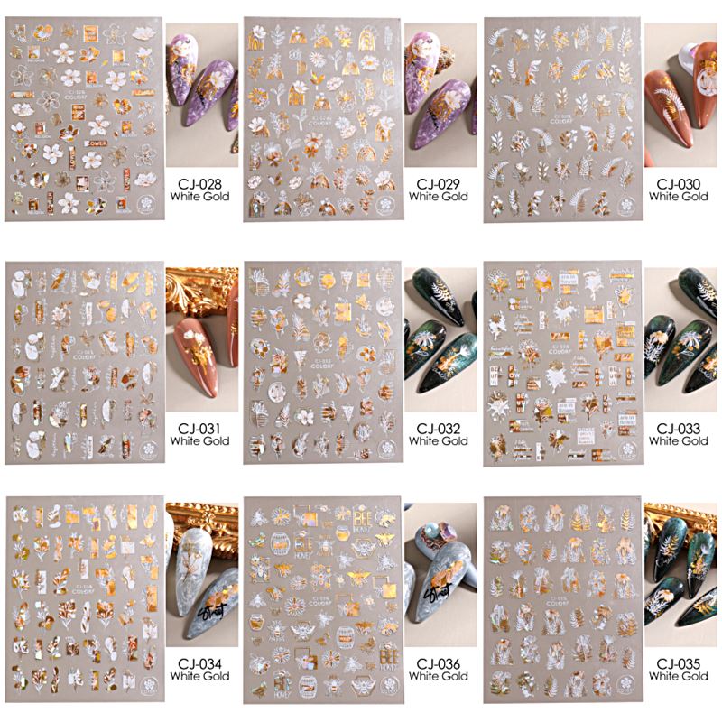Nail Art Stickers - Flower Leaf White & Gold - Image 3