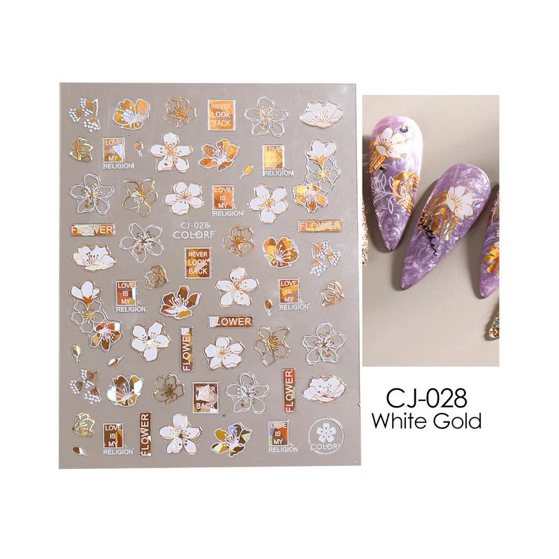 Nail Art Stickers - Flower Leaf White & Gold - Image 4