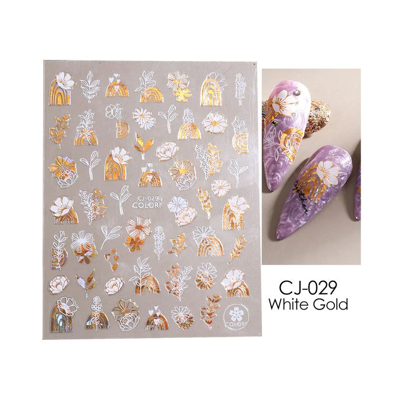 Nail Art Stickers - Flower Leaf White & Gold - Image 5