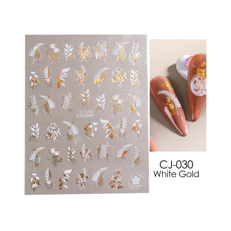 Nail Art Stickers - Flower Leaf White & Gold - Image 6