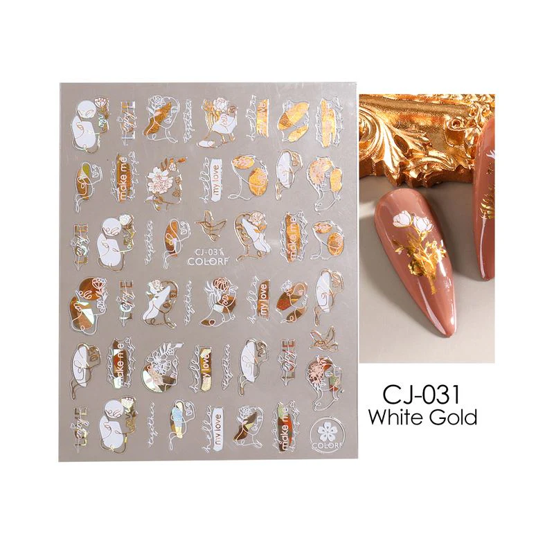 Nail Art Stickers - Flower Leaf White & Gold - Image 7