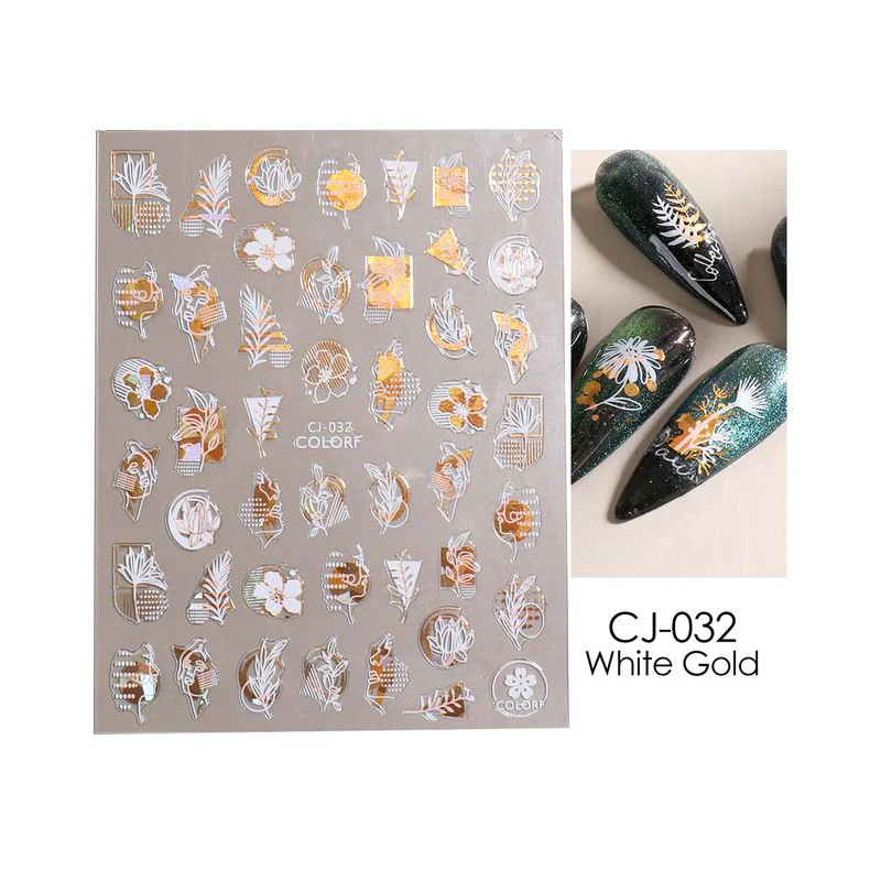 Nail Art Stickers - Flower Leaf White & Gold - Image 8