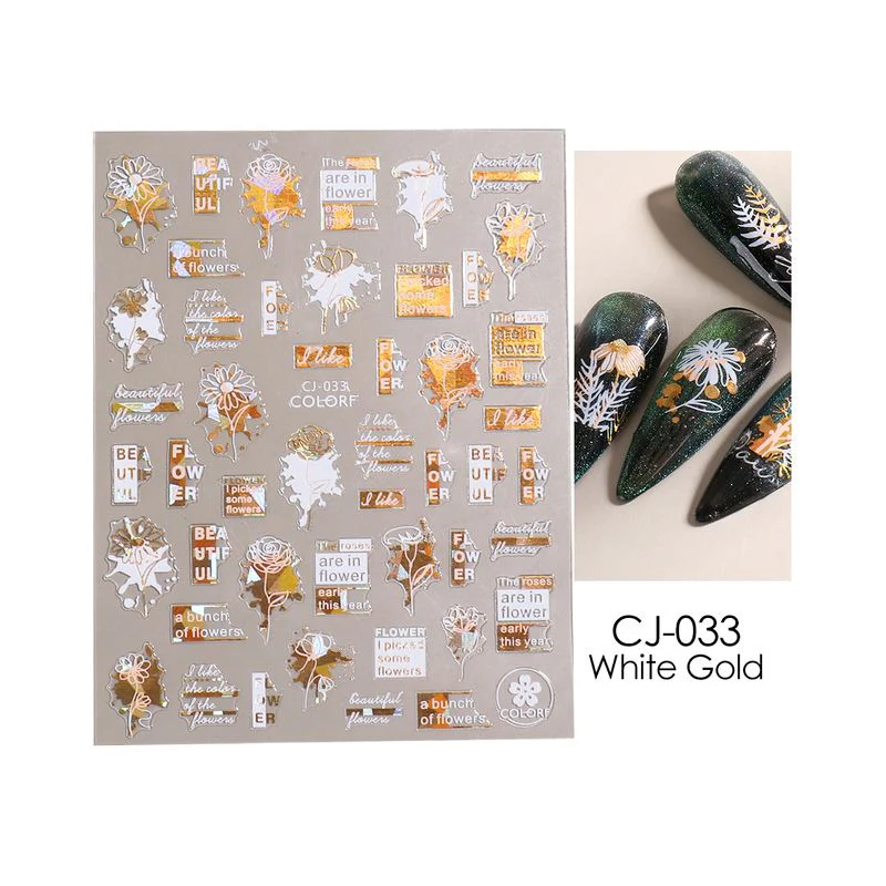 Nail Art Stickers - Flower Leaf White & Gold - Image 9