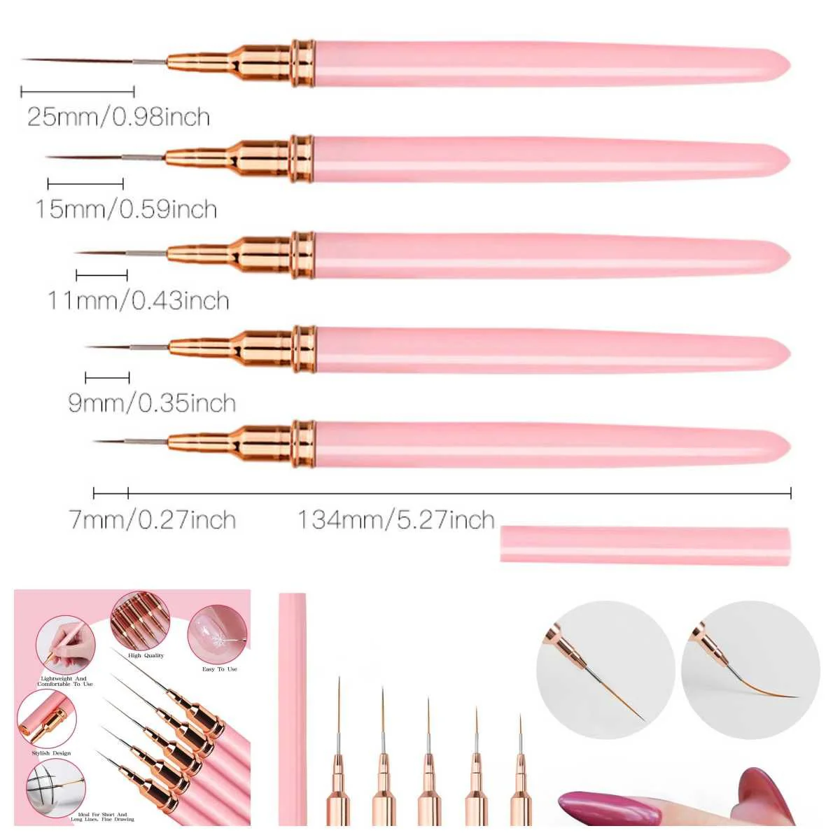 Nail Liner Brushes Ultra-Fine - Pink Set 5pcs - Image 3