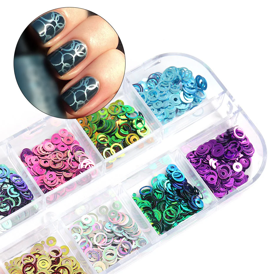 Round Circle Sequins Mix Colours Nail Art Tray - Image 3