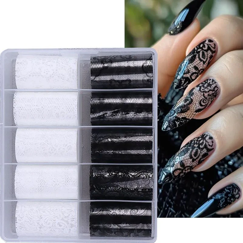 White Black Lace Nail Transfer Foil 10 Rolls Box - Image 2